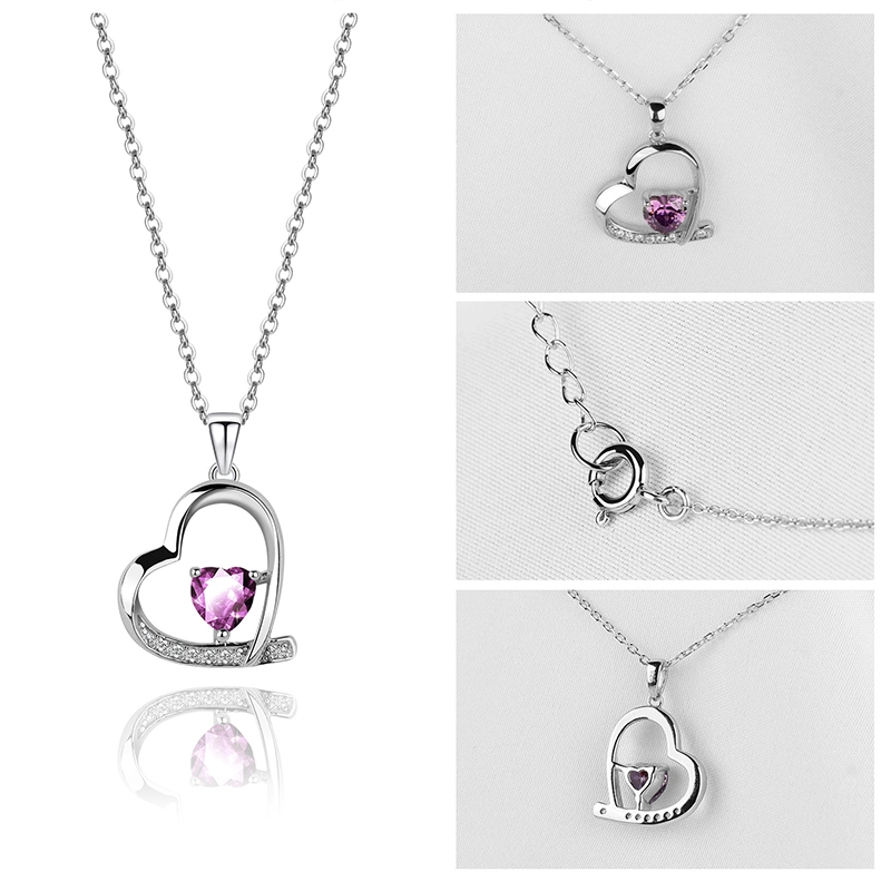 Wholesale Jewelry Charming Woman Silver Irregular Heart Pendant with Amethyst CZ for Anniversary/Birthday Gift